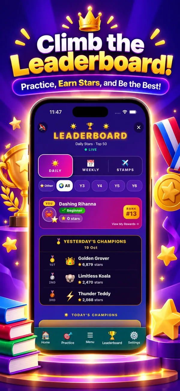 The 11+ Vocab Master leaderboard: earn stars and climb the Daily and Weekly rankings