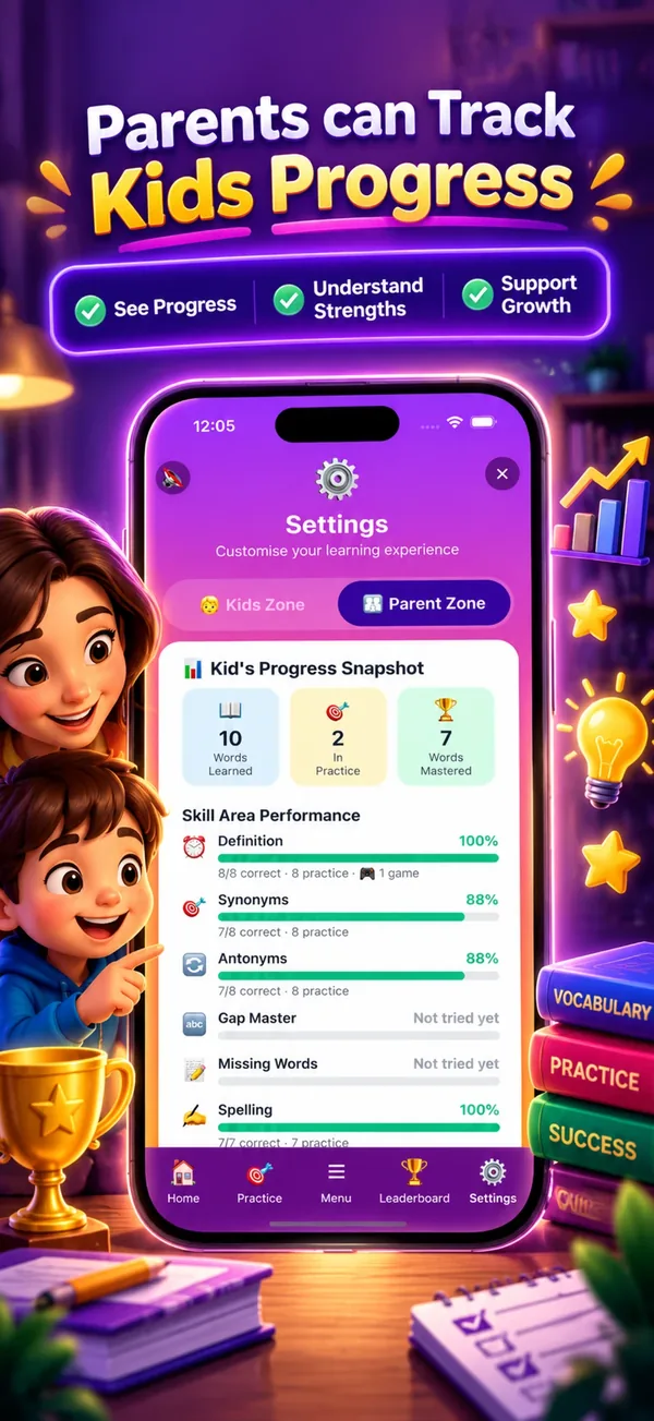 Parents can track their child's progress in 11+ Vocab Master