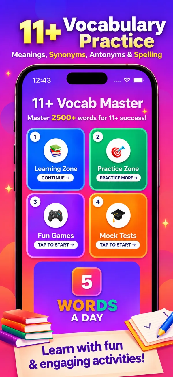 11+ Vocab Master home screen: meanings, synonyms, antonyms and spelling practice