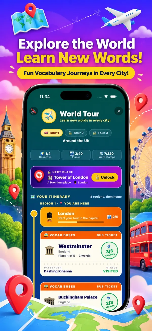 World Tour in 11+ Vocab Master: travel from London around the world, learning new words in every city