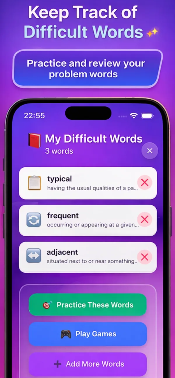 My Difficult Words list for reviewing problem words in 11+ Vocab Master