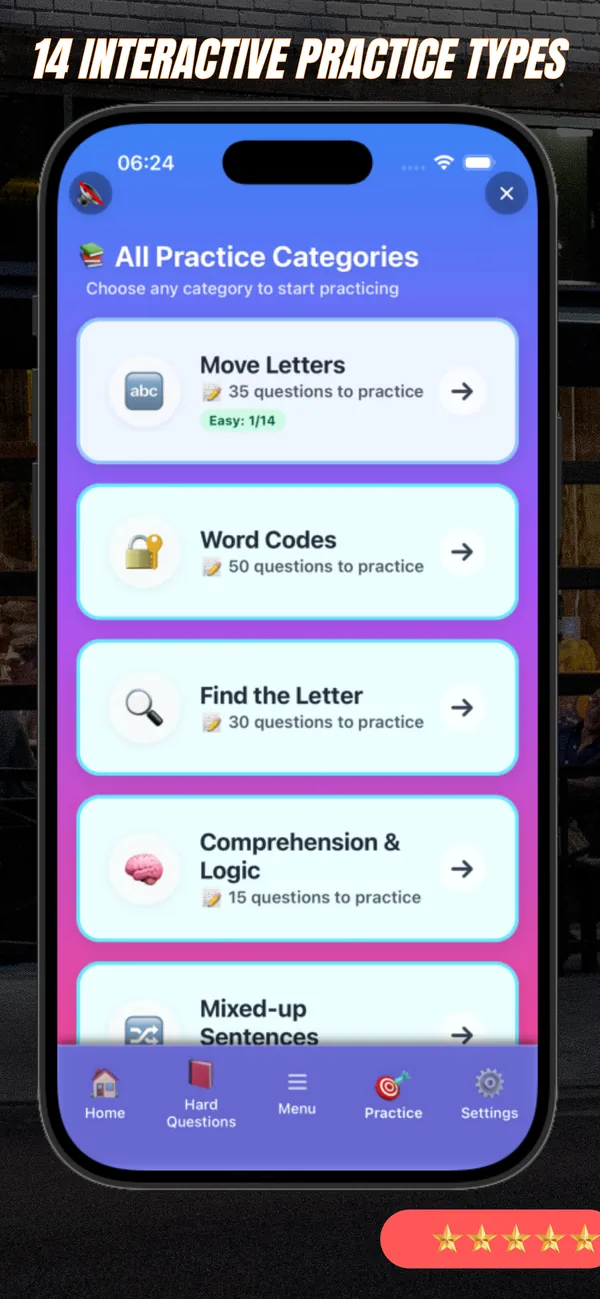 Verbal reasoning practice categories such as Move Letters, Word Codes and Find the Letter