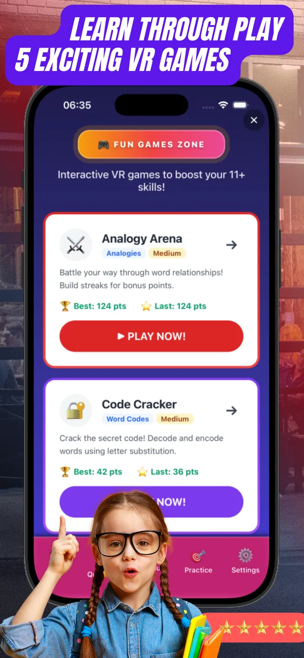 Verbal reasoning games such as Analogy Arena and Code Cracker in 11+ Verbal Reasoning Master