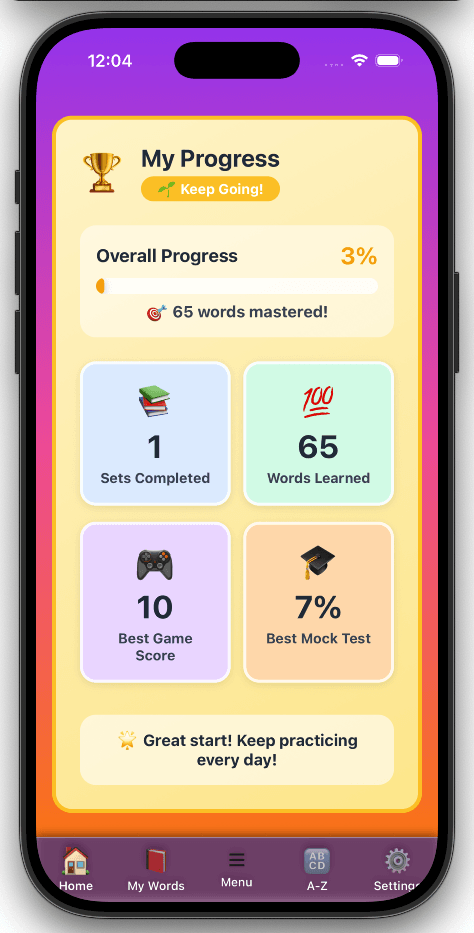 11 Plus Vocab Master Progress Tracking - Monitor your vocabulary learning performance