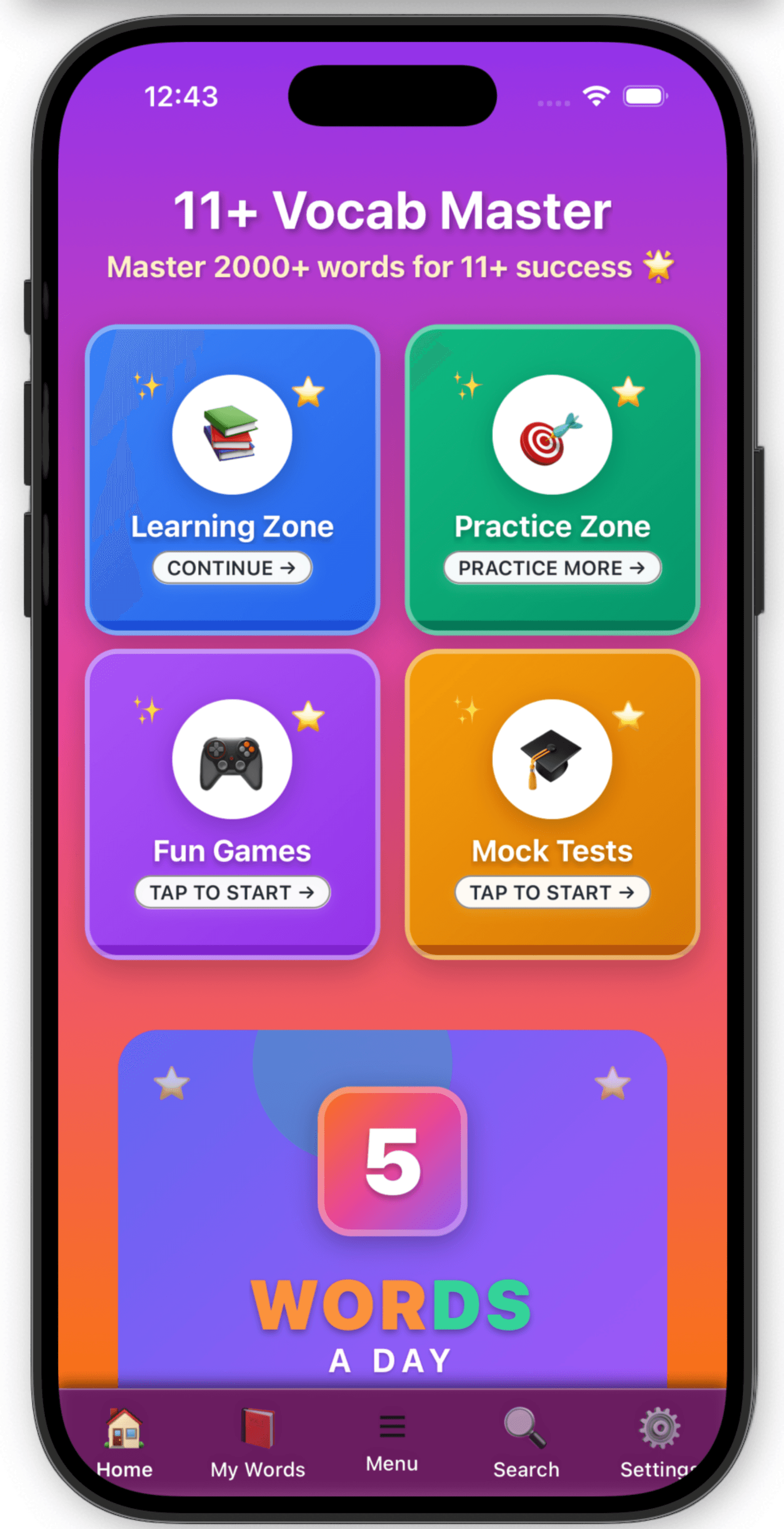 11+ Vocab Master Home Screen