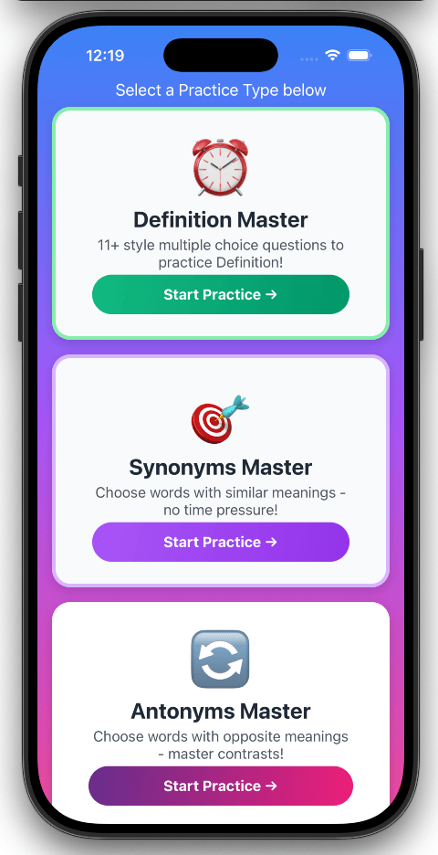11+ Vocab Master Practice Modes - 6 different question types for exam preparation